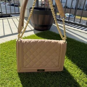 BCBG Tan Gold Quilted Shoulder Bag with Chain Strap